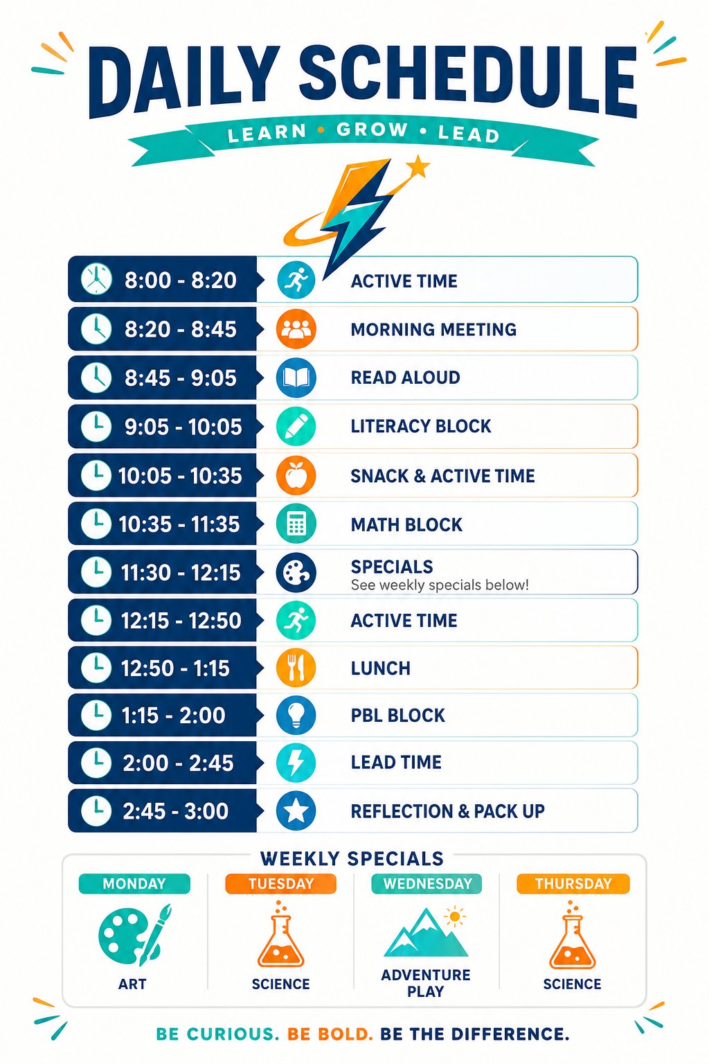 Sample daily schedule at The LEAD School